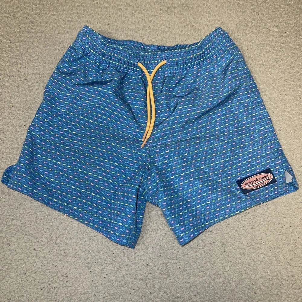 Vineyard Vines Swimwear Shorts Youth Sz 7 Blue AOP Micro Whale Logo Swim Trunks